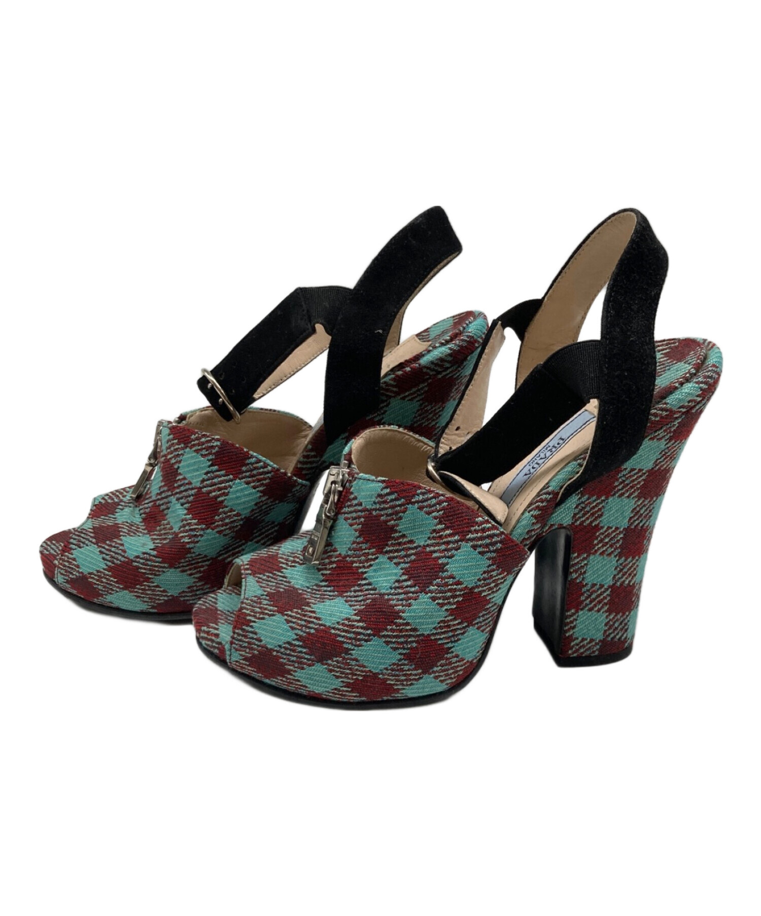 中古・古着通販】PRADA (プラダ) チェックヒールパンプス グリーン 