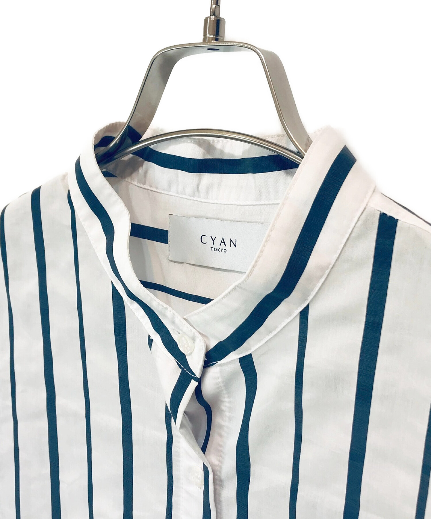 CYAN TOKYO (シアン トーキョー) シアスリーブストライプロングシャツ ホワイト×ネイビー サイズ:F