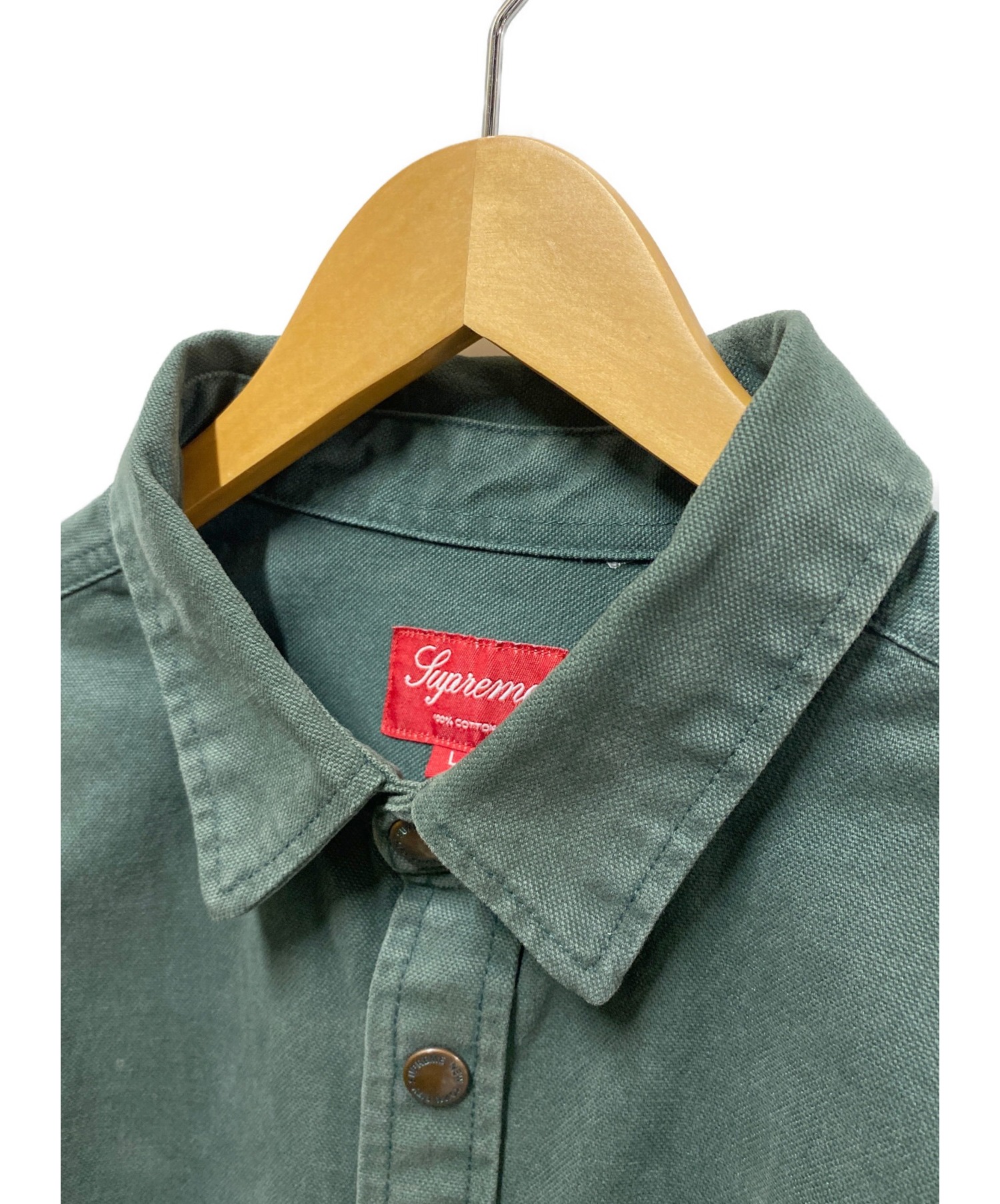 SUPREME (シュプリーム) ラインロゴヘビーコットンシャツジャケット グリーン サイズ:L