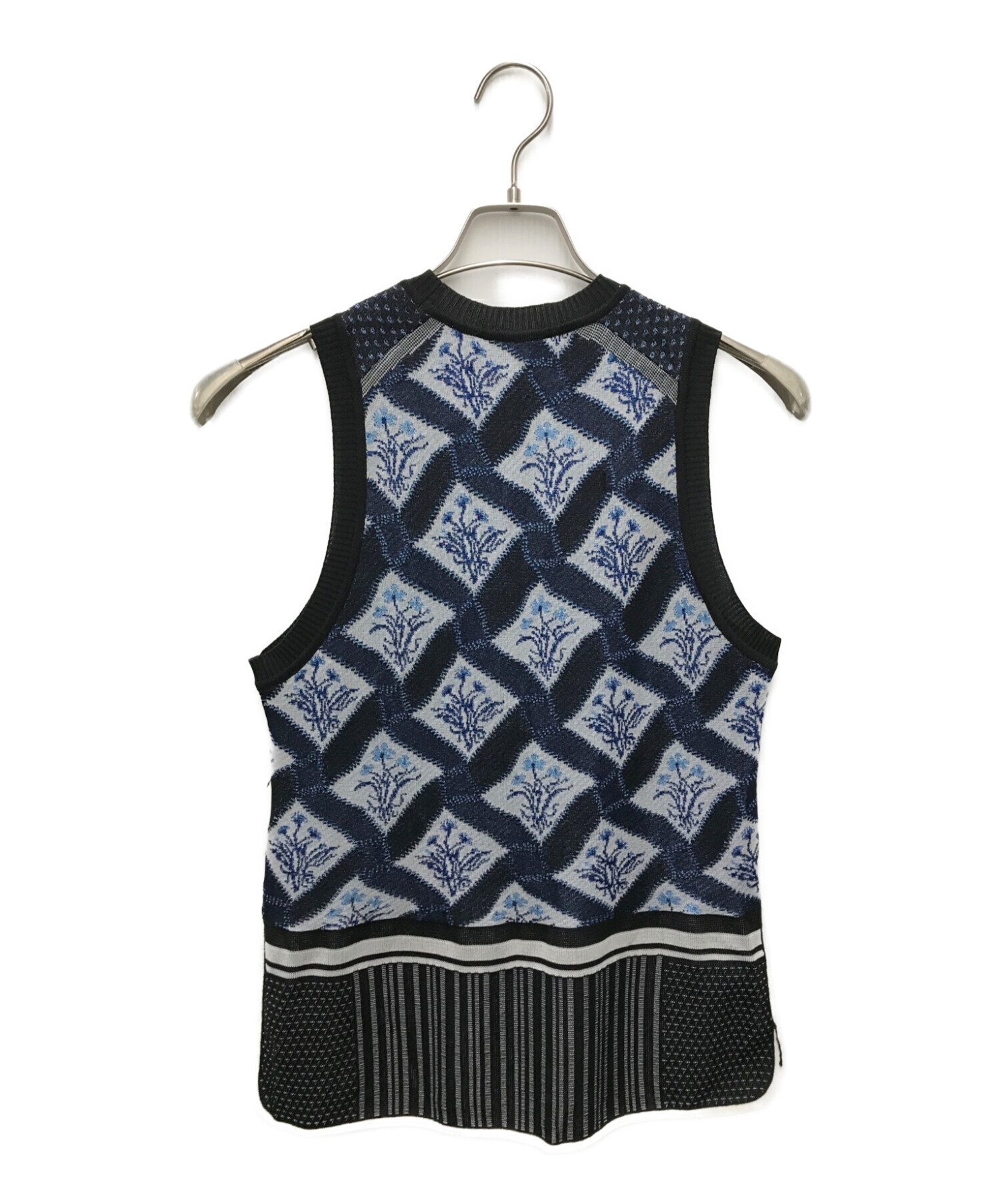 Mame Kurogouchi (マメクロゴウチ) Floral Checquered Knitted Pullover ノースリーブニット  ブラック×ブルー サイズ:1