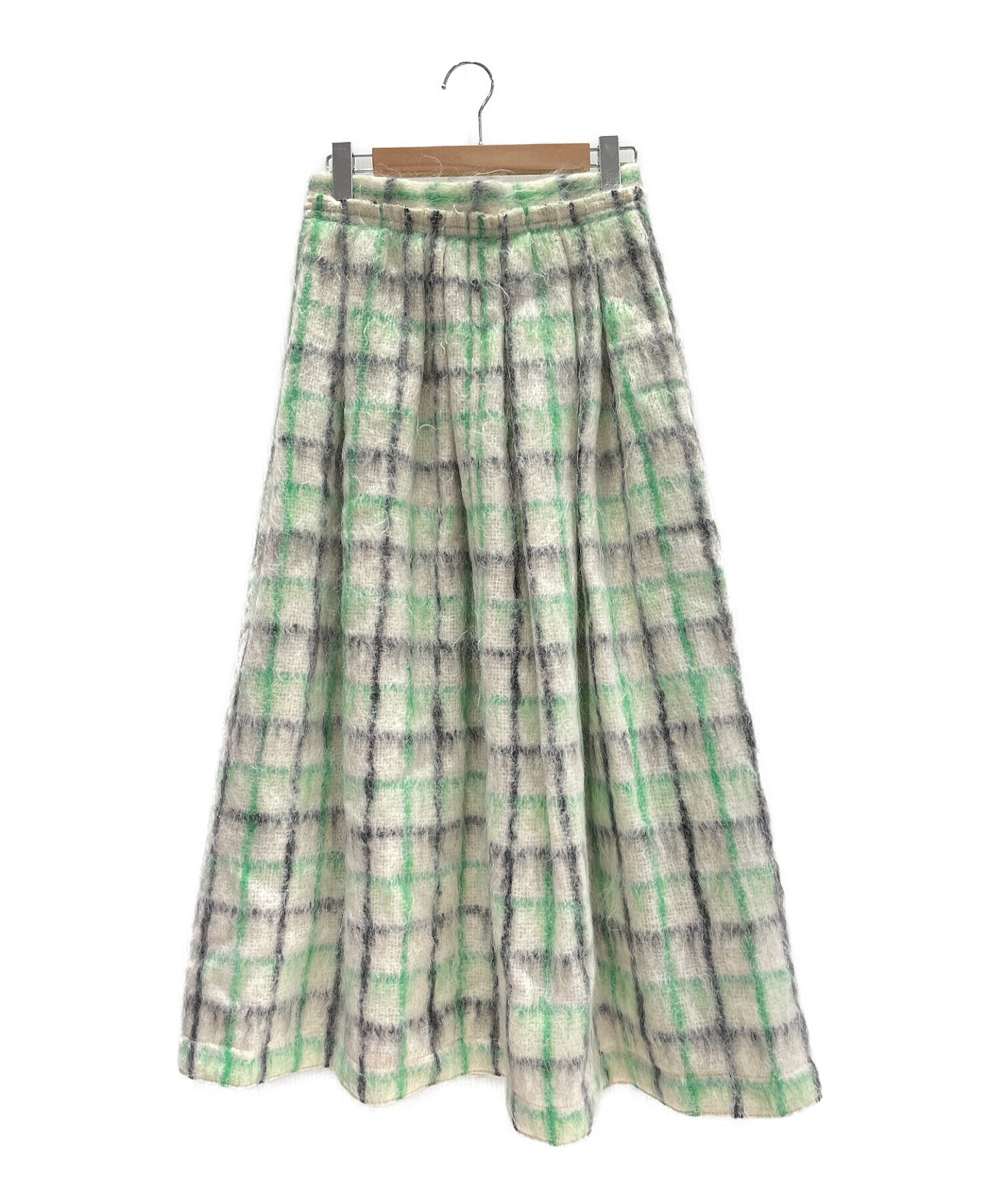 BLAMINK (ブラミンク) モヘヤウールシャギーチェック ギャザースカート ホワイト×グリーン サイズ:38