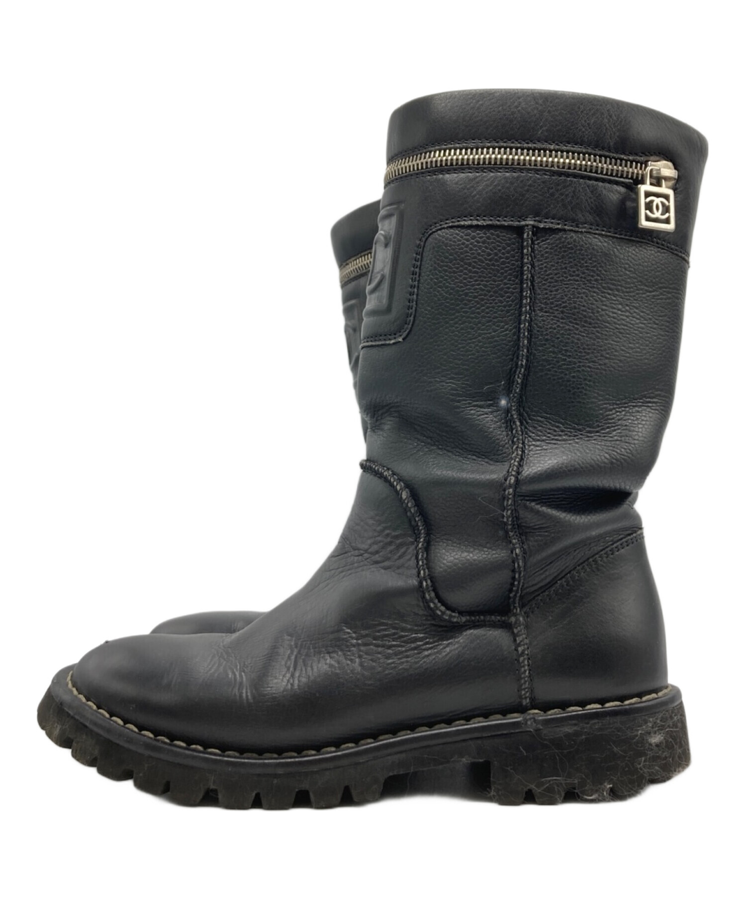 中古・古着通販】CHANEL (シャネル) Black Leather Motorcycle Boots 
