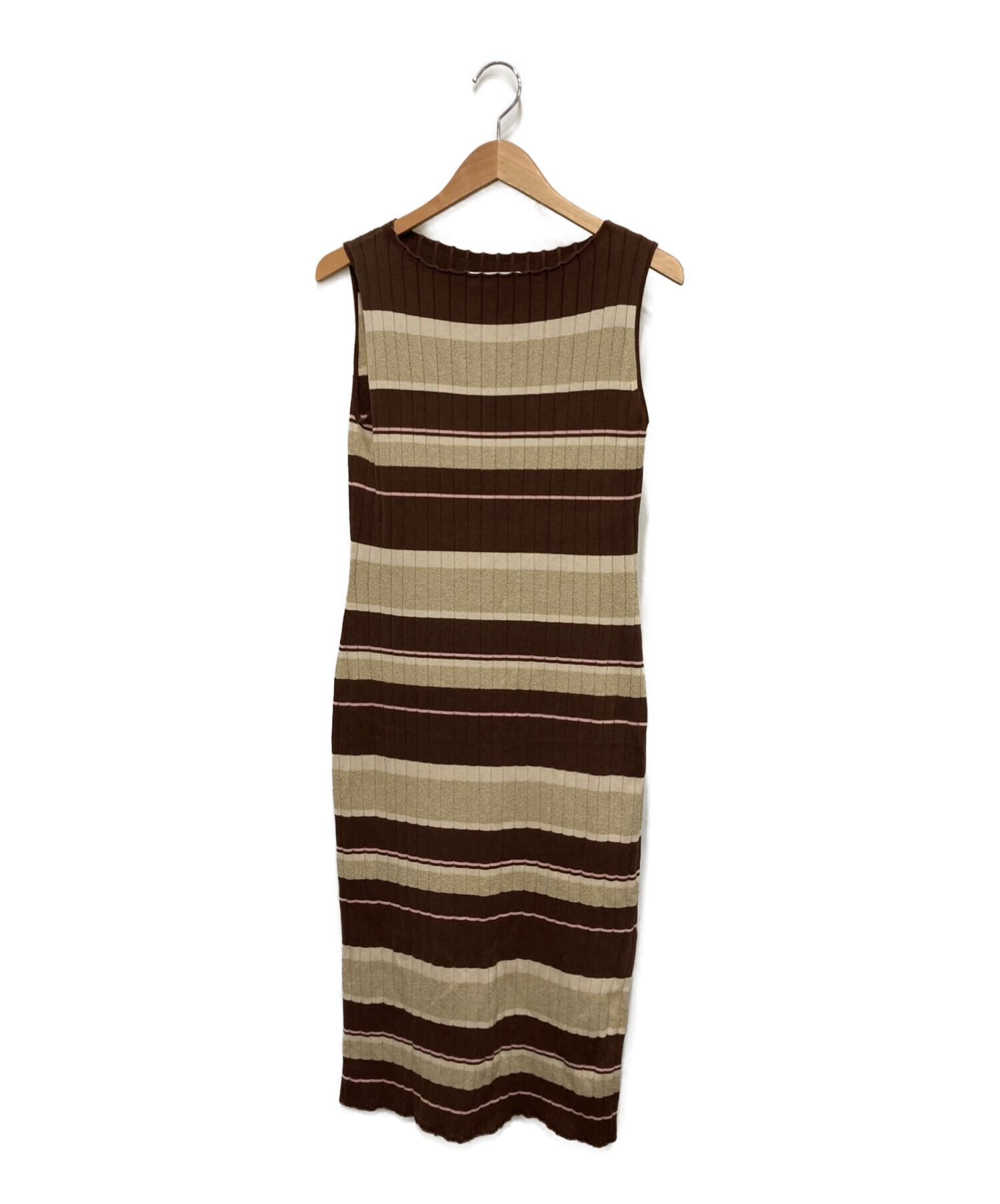 HER LIP TO (ハーリップトゥ) Cotton Striped Ribbed Knit Dress ベージュ×ブラウン サイズ:S
