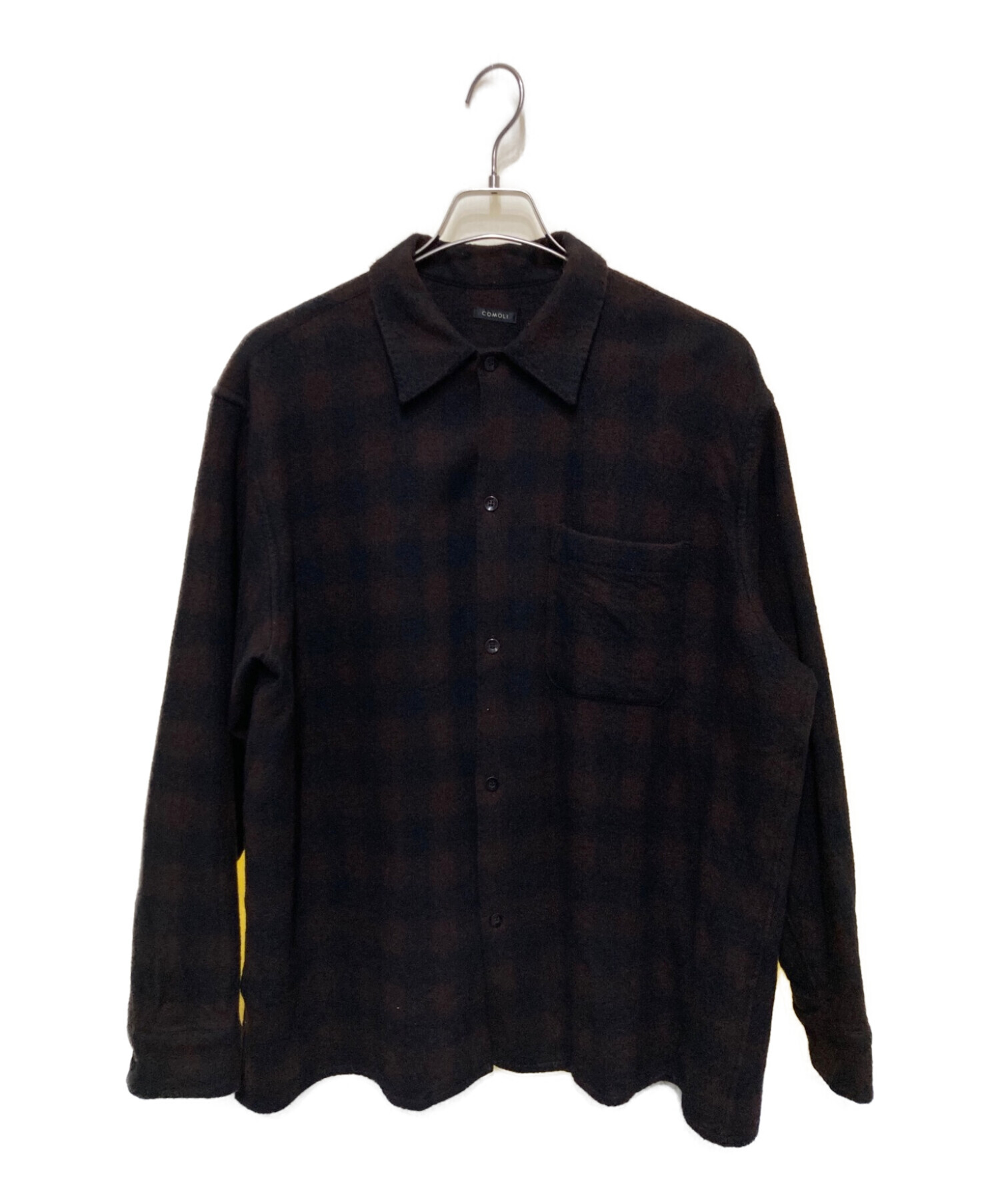 COMOLI (コモリ) ウールチェック オープンカラーシャツ ブラウン サイズ:3