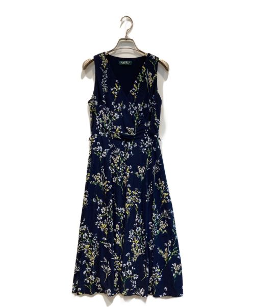 ローレン・ラルフ・ローレン】花柄 総柄 ノースリーブ ワンピース L 青×白