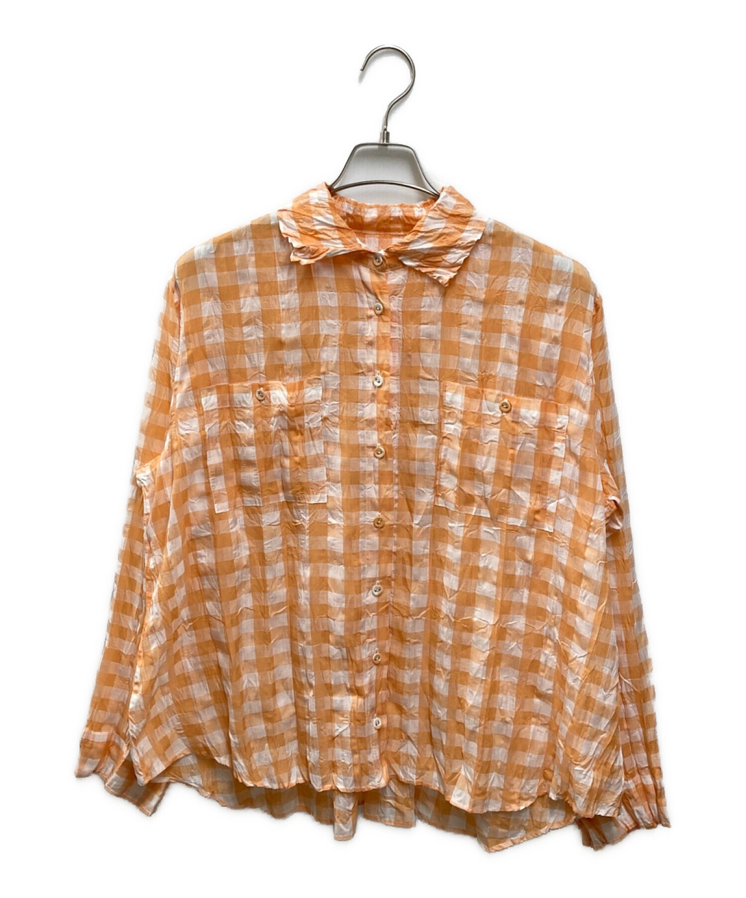 PLEATS PLEASE (プリーツプリーズ) シワ加工ギンガムチェックシャツ オレンジ サイズ:3