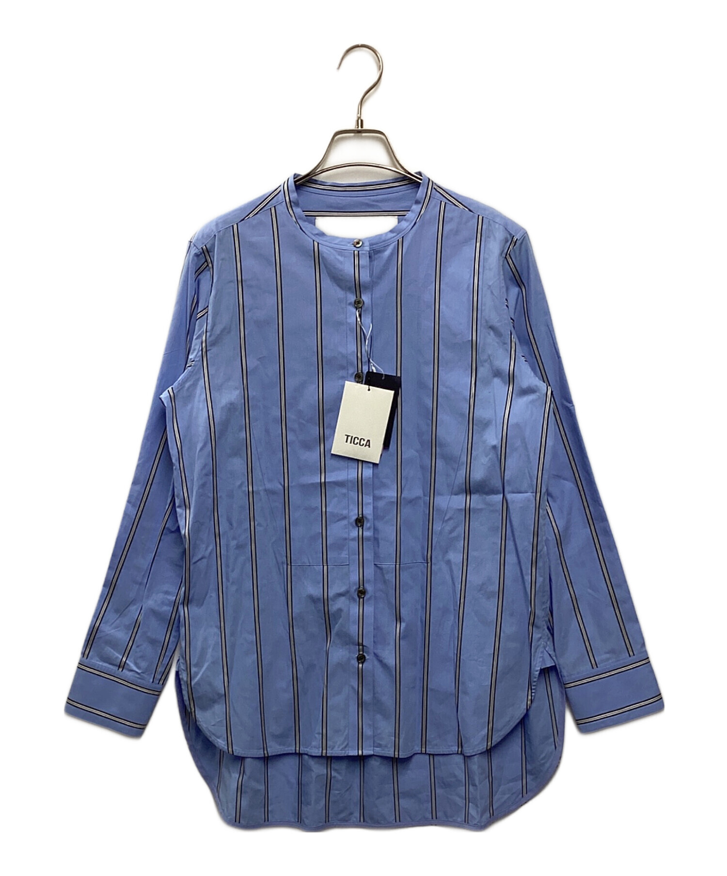 中古・古着通販】ticca (ティッカ) ノーカラーストライプシャツ ブルー 