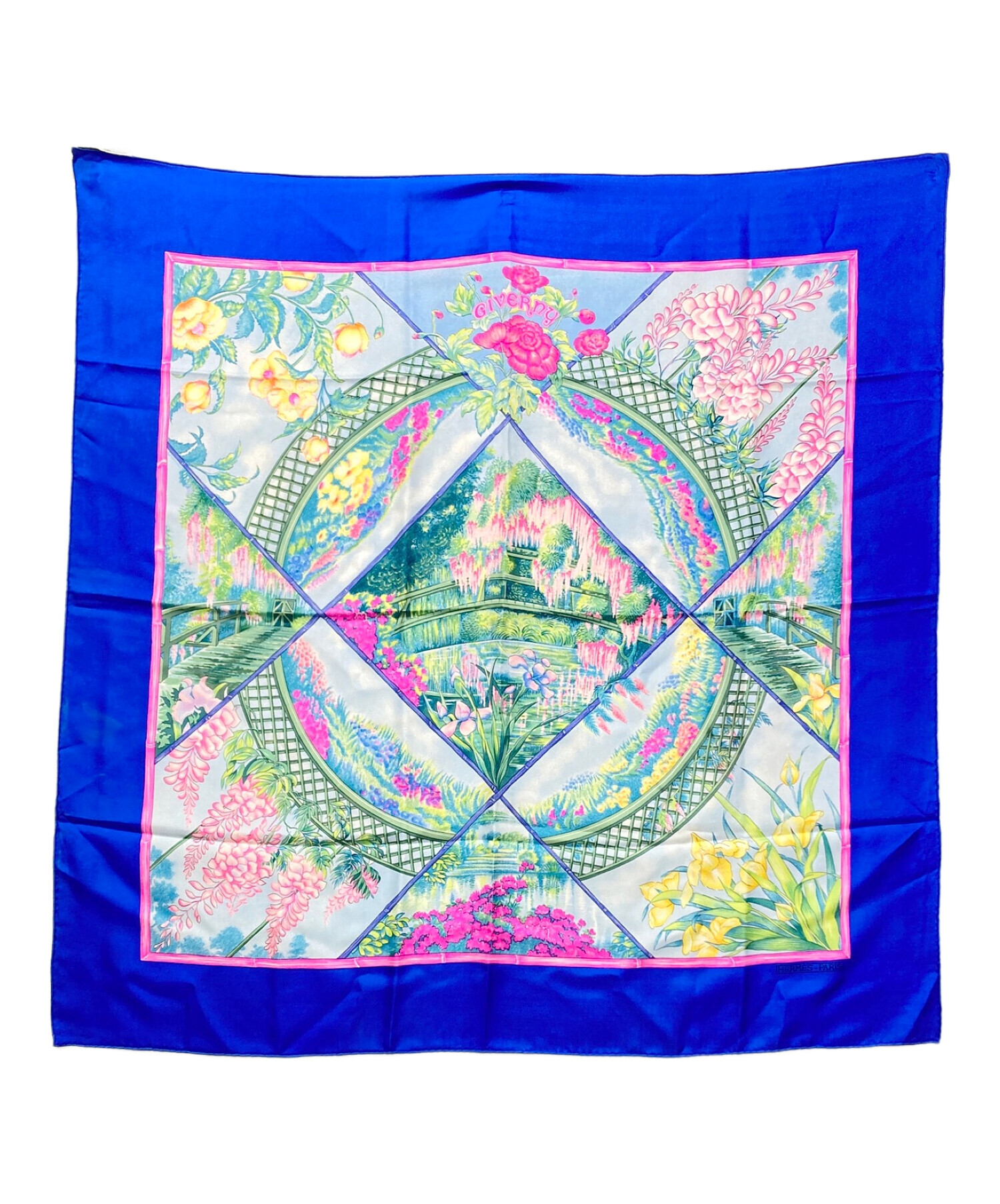 HERMES GIVERNY モネの庭 スカーフ カレ90 花と庭園 ブルー HERMES