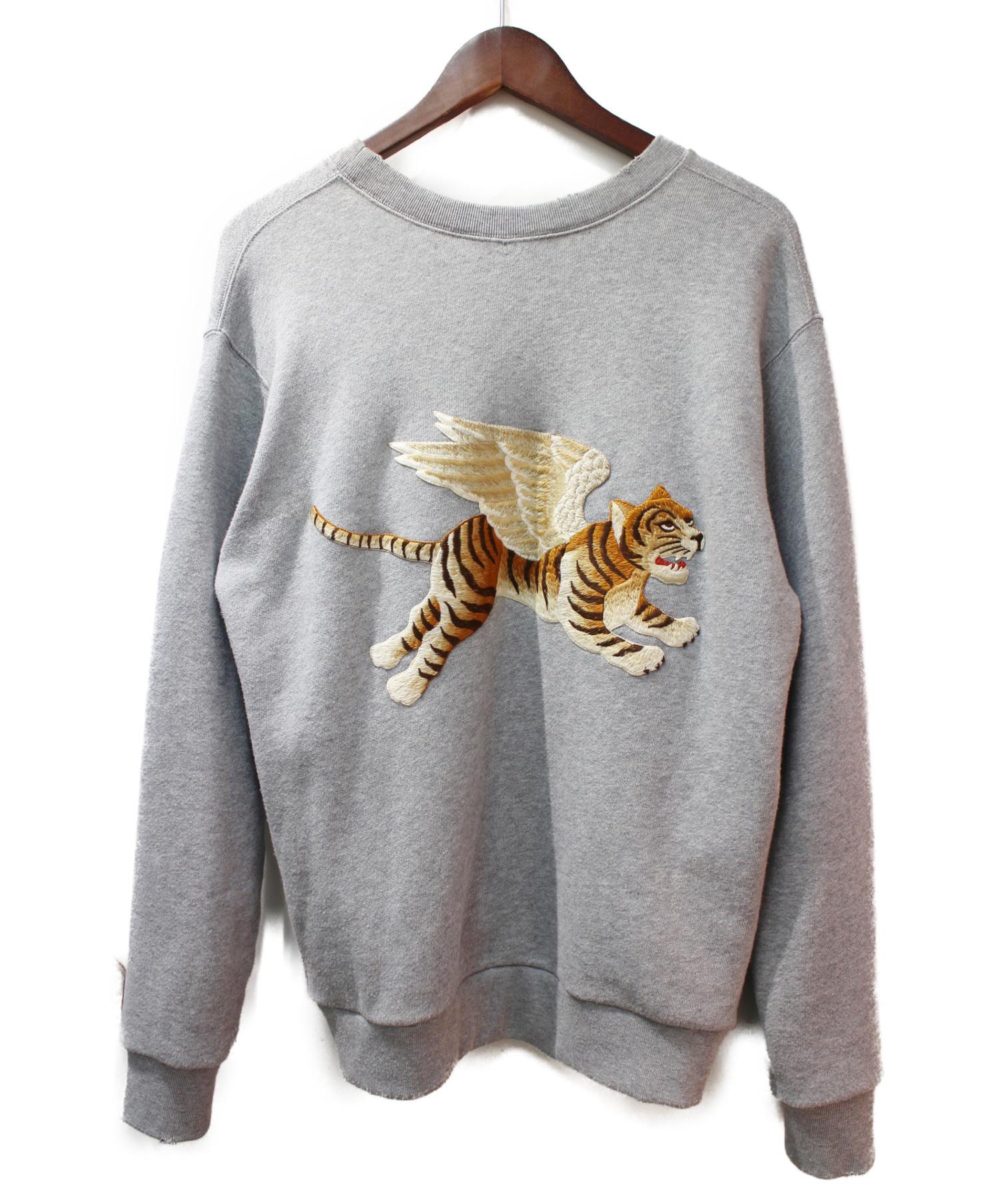 GUCCI (グッチ) ヴィンテージロゴ タイガー刺繍スウェットシャツ ライトグレー サイズ:XS