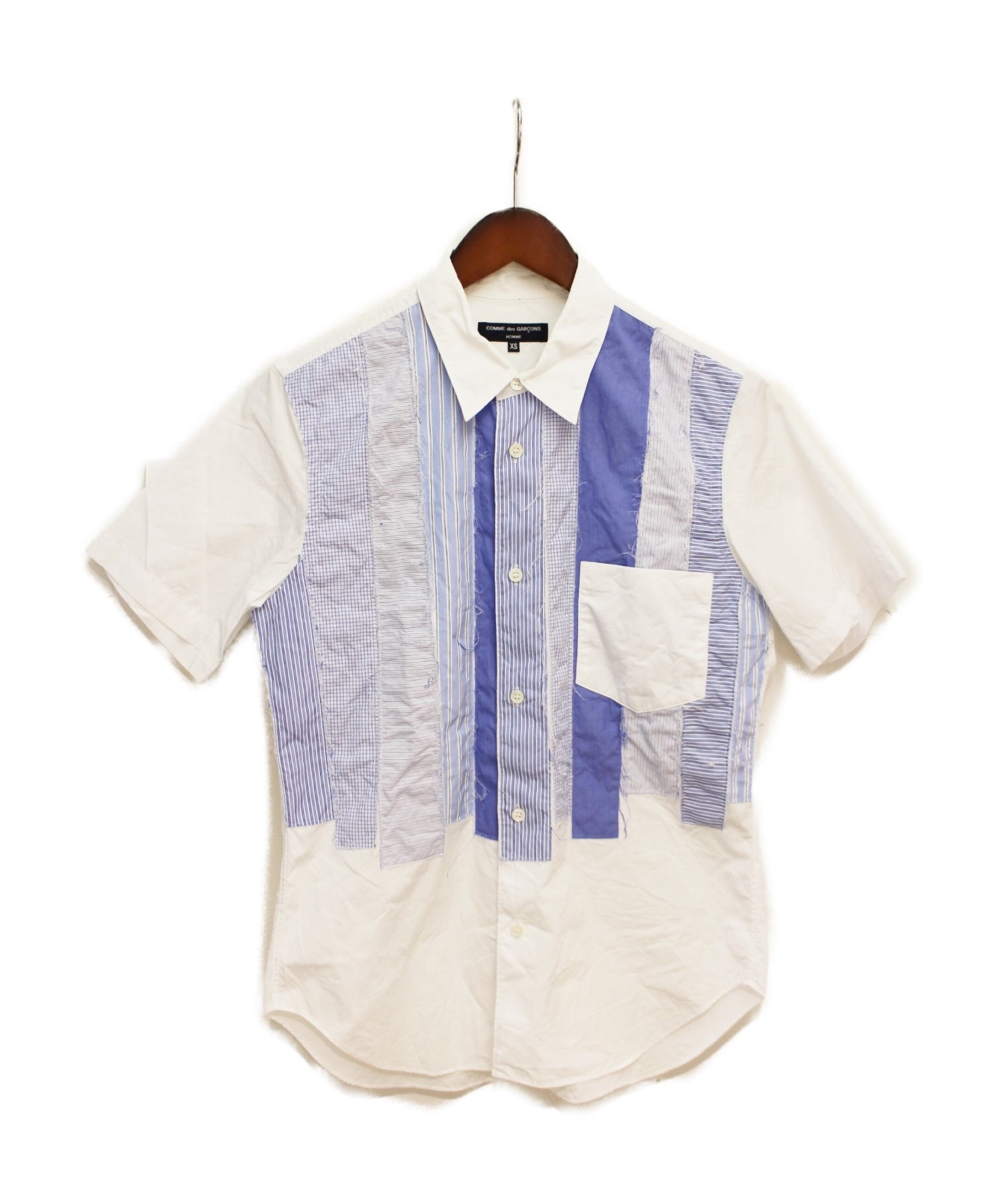 COMME des GARCONS HOMME (コムデギャルソン オム) パッチワーク半袖シャツ ホワイト×ブルー サイズ:XS