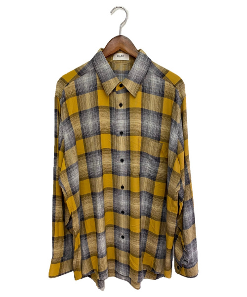 【極美品】セリーヌ　ノーカラーシャツ　イエロー　サイズL 半袖シャツ　リネン　麻 新品 リネンノーカラービッグチェックシャツ イエロー 極美品