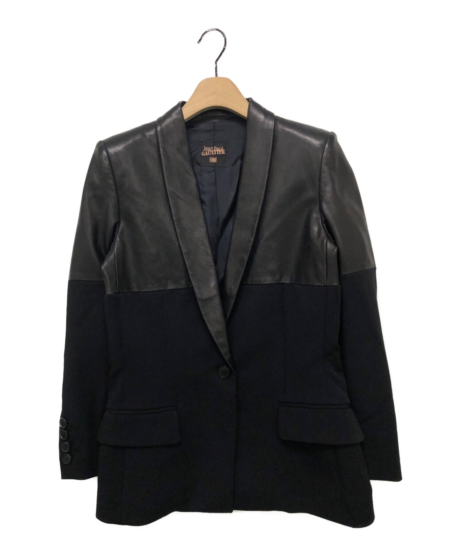 Jean Paul Gaultier FEMME (ジャンポールゴルチェフェム) レザー切替テーラードジャケット ブラック サイズ:40