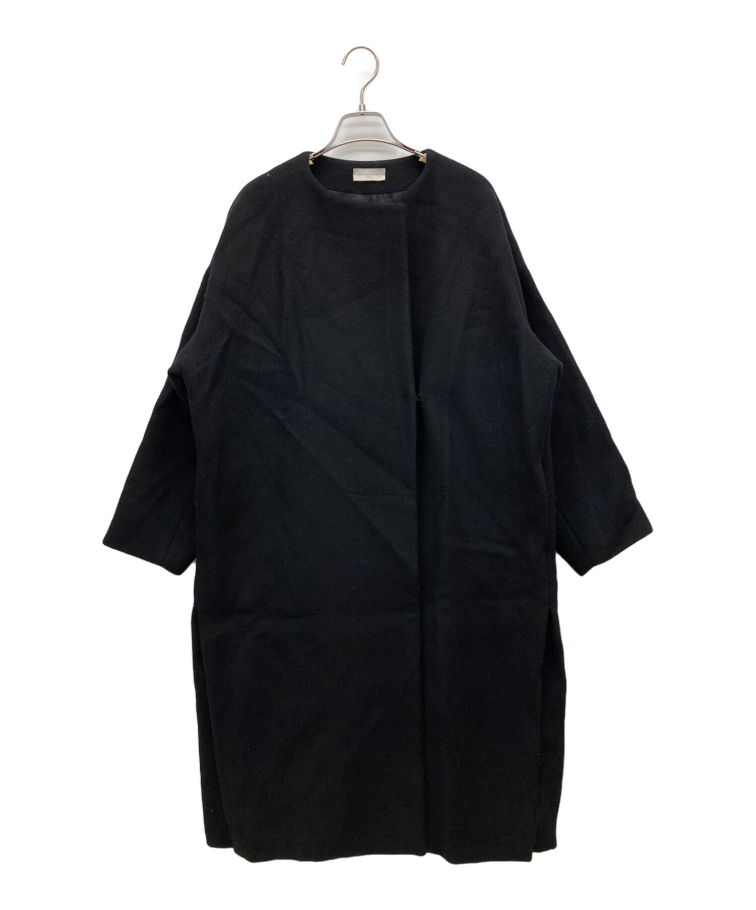 Deuxieme Classe Beaverノーカラーオーバーコートブラック