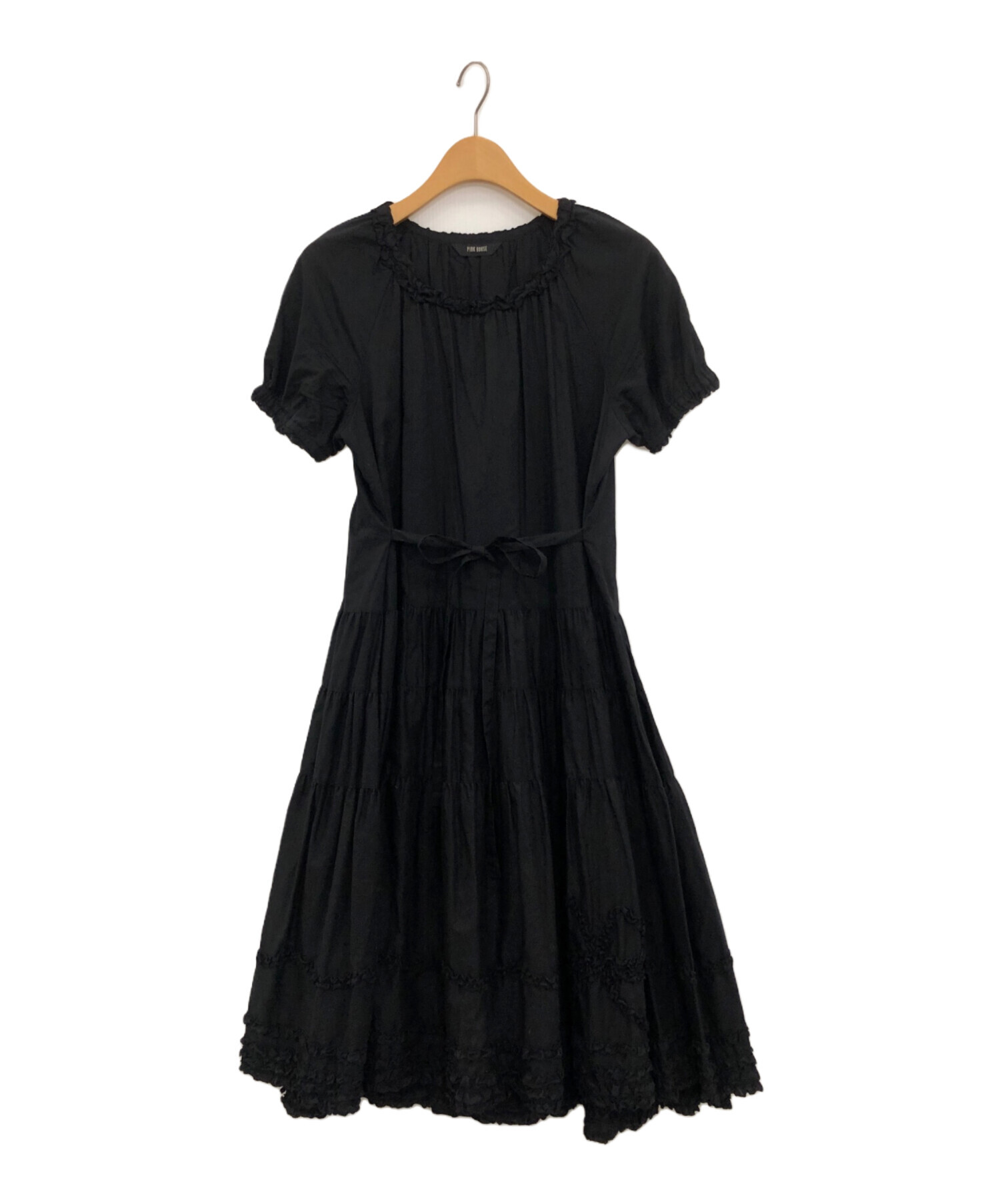 PINK HOUSE フリル襟 黒ロングワンピース PINKHOUSE フリル襟付きティアードワンピース ブラック PINK HOUSE 襟