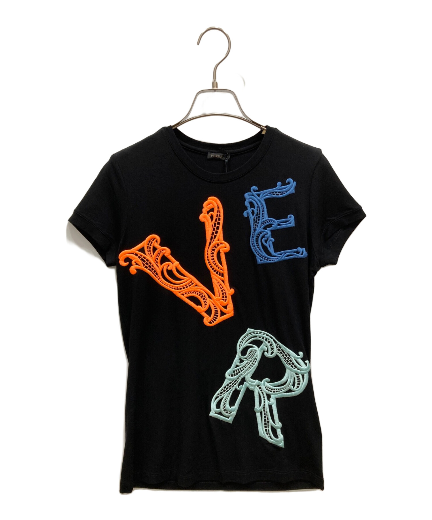 美品】☆希少☆ はやめ VERSACE ヴェルサーチ Tシャツ 刺繍 ビッグロゴ 黒
